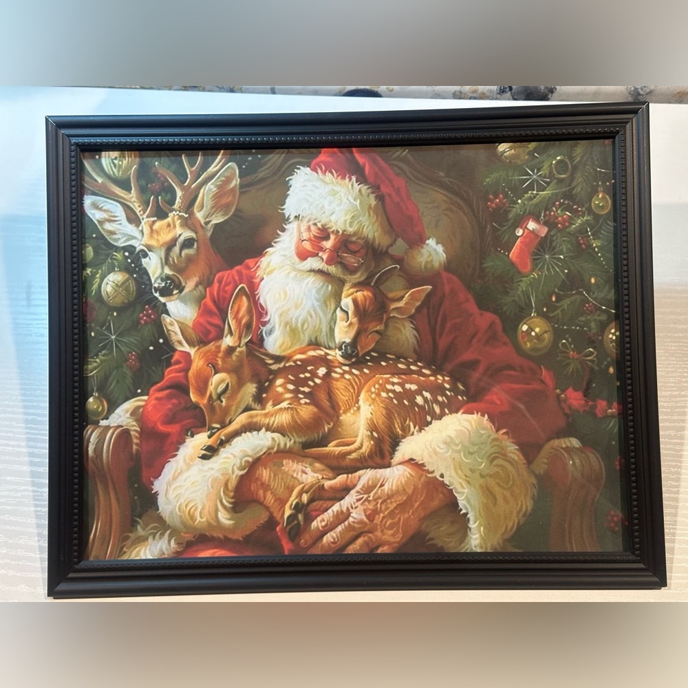 Vintage Napping Santa Framed 8x1” print Christmas baby Deer Wall Art, Rustic
